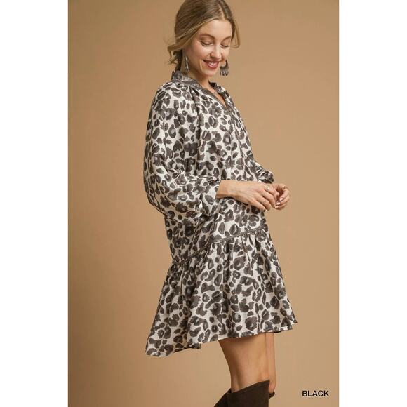 UMGEE Women's Leopard Print Tiered Mini Dress Long Sleeve Ruffle Hem Boho Chic - Picture 2 of 5